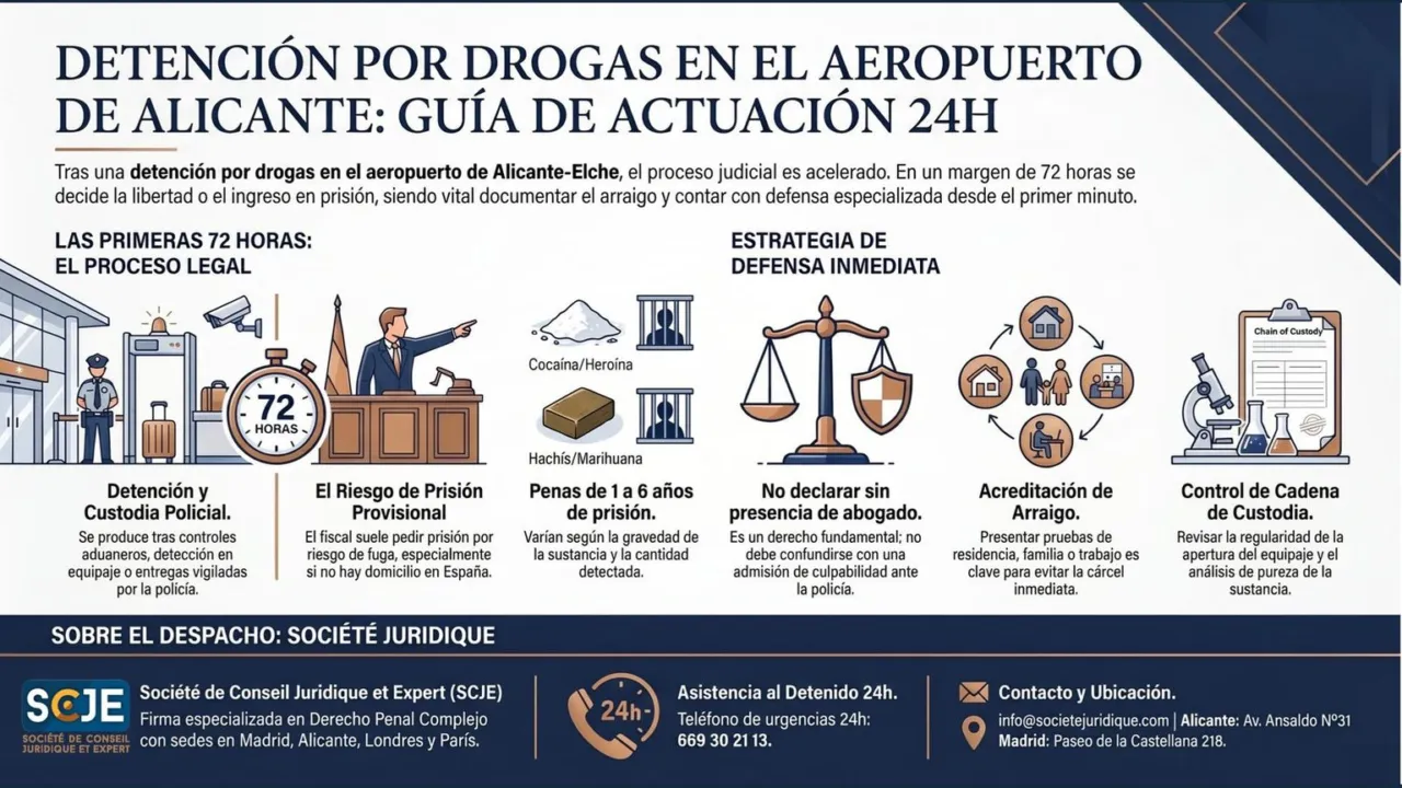 Detenido en el aeropuerto Alicante-Elche por drogas: qué ocurre y cómo actuar